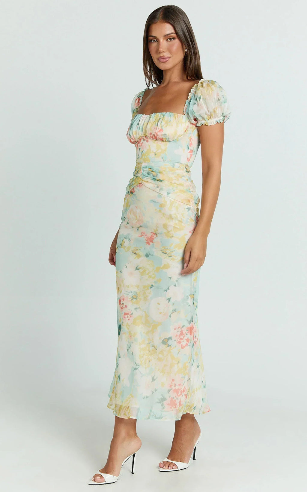 Debina Maxi Dress - Sweetheart Neckline Short Sleeve Dress in Yellow