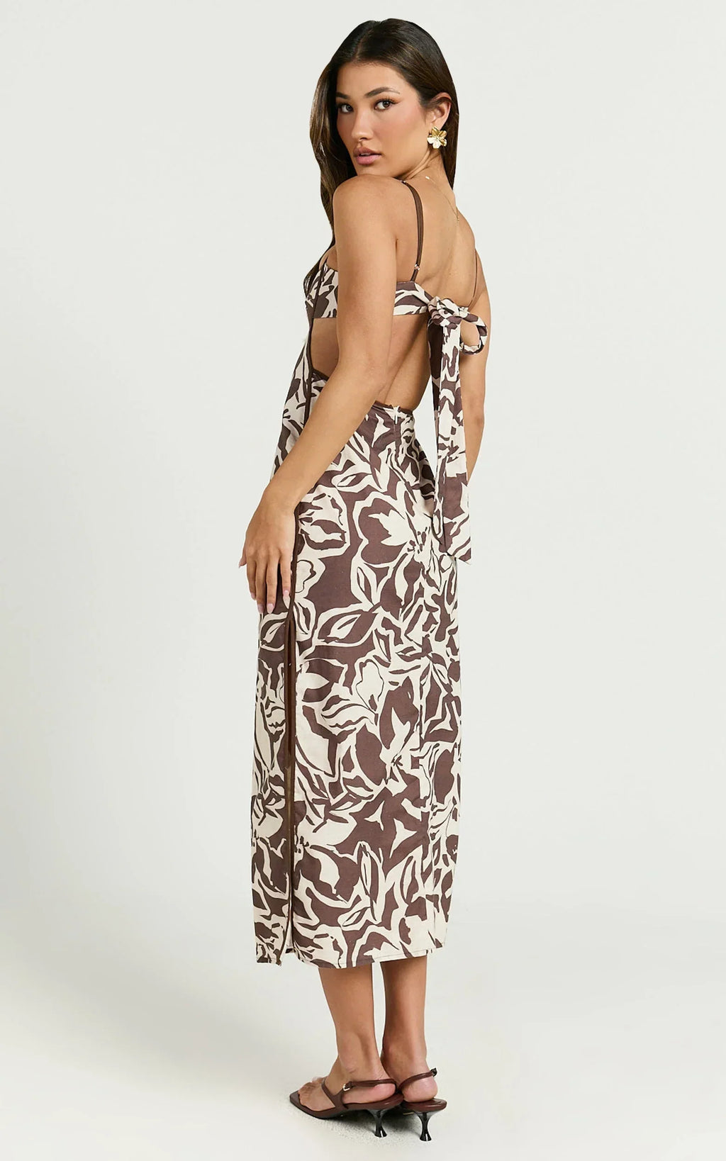 Gibson Midi Dress - Linen Scoop Neck Back Tie Dress in Tonal Stencil Floral