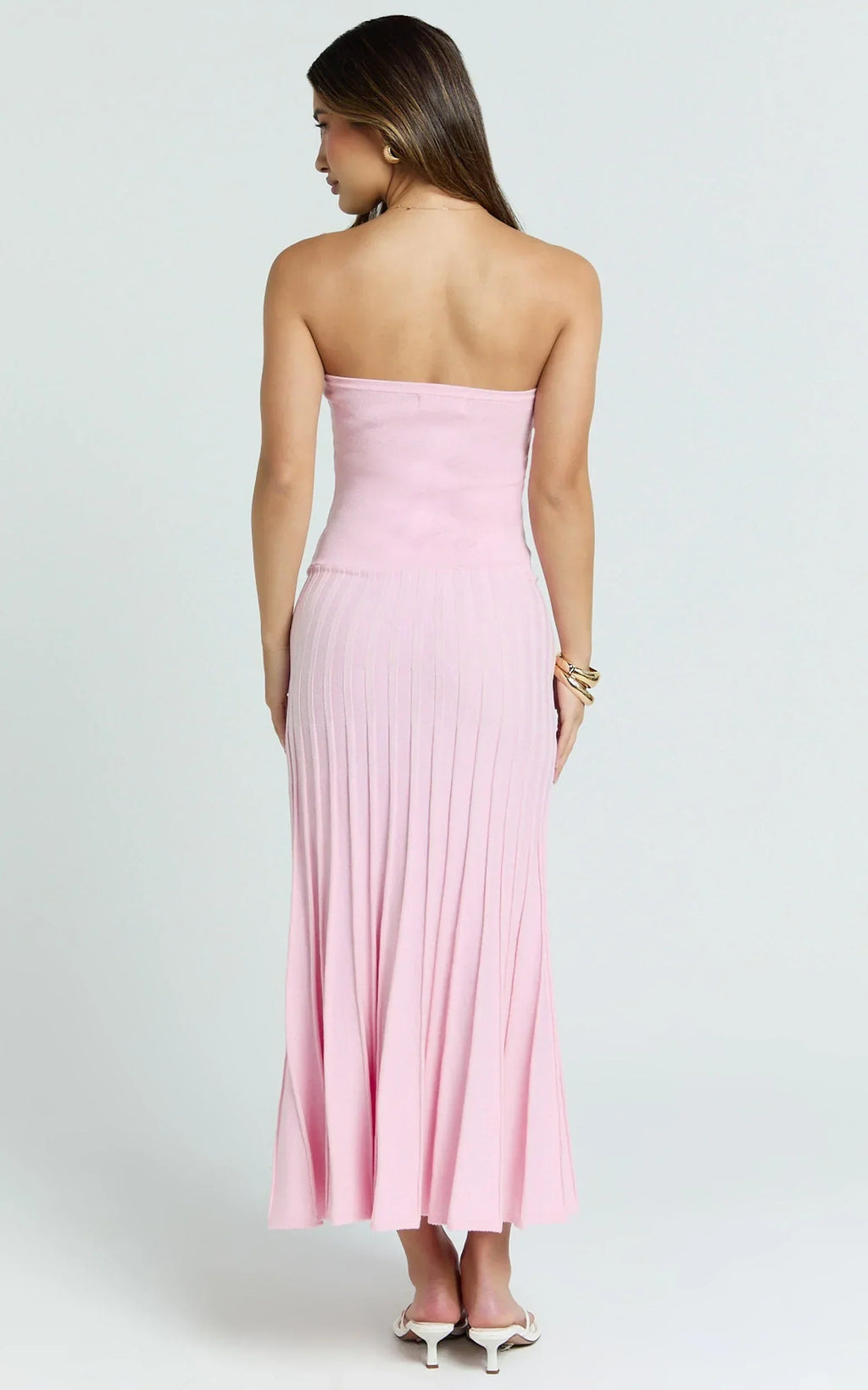 Paris Midi Dress - Strapless Drop Waist Pleated Knit Dress in Pink