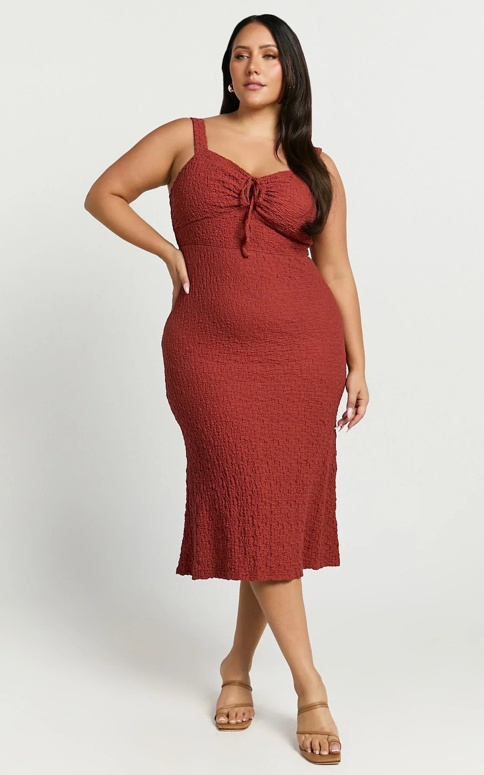 Olsen Midi Dress - Textured Wide Strap Tie Front Dress in Burnt Rust