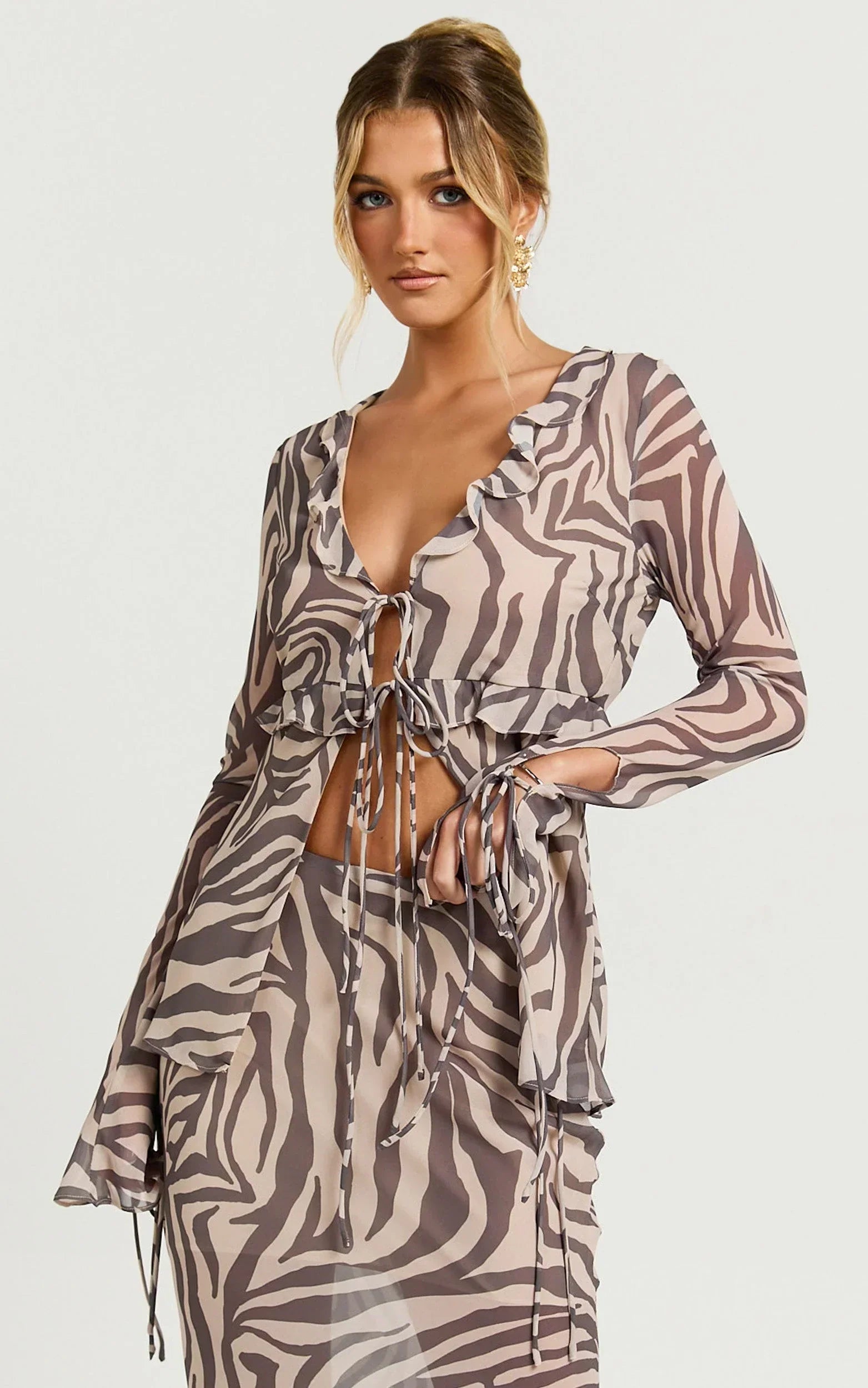 Rita Top - Georgette Tie Front Flared Sleeve Top in Abstract Zebra Print