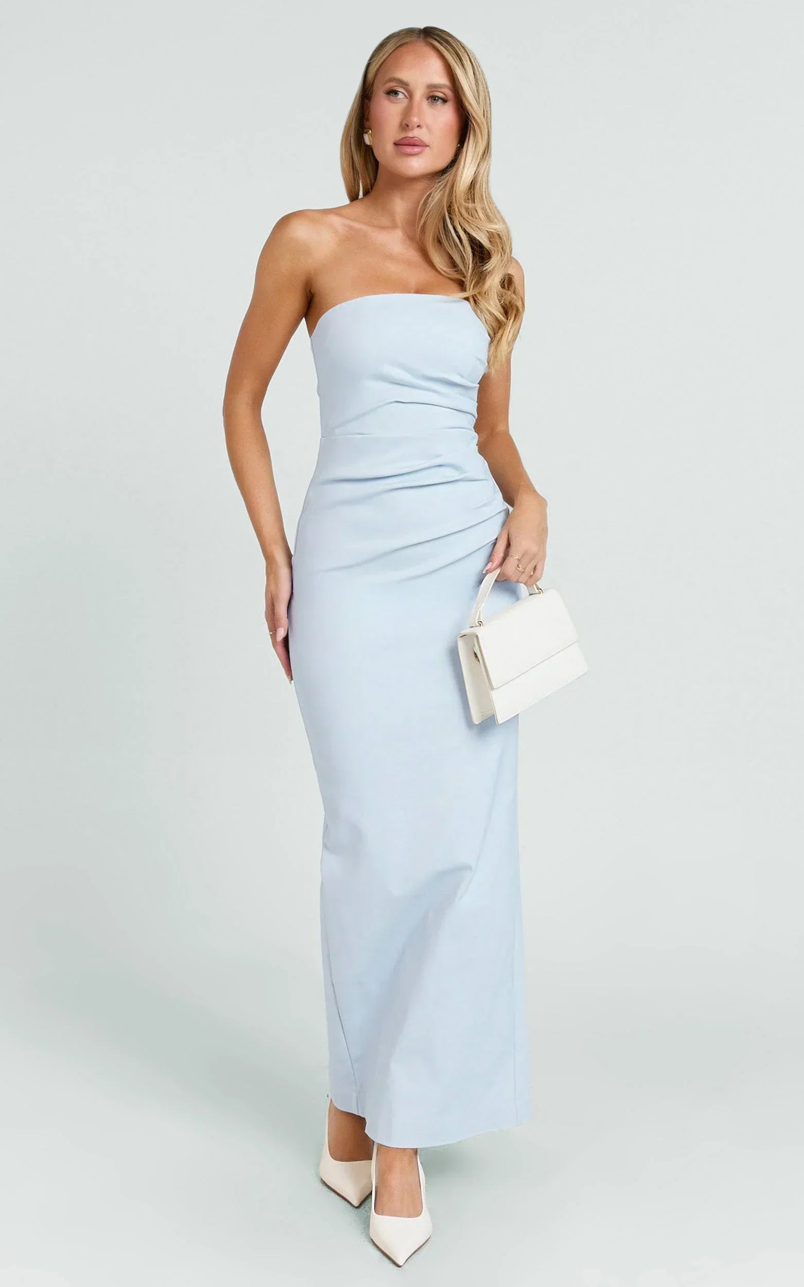 Jamie Midi Dress - Strapless Ruched Fitted Column Dress in Blue