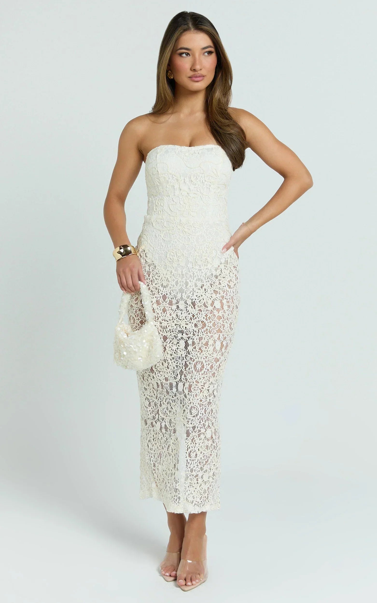 Emilee Midi Dress - Strapless Jersey Bodysuit Sheer lace Column Dress in White