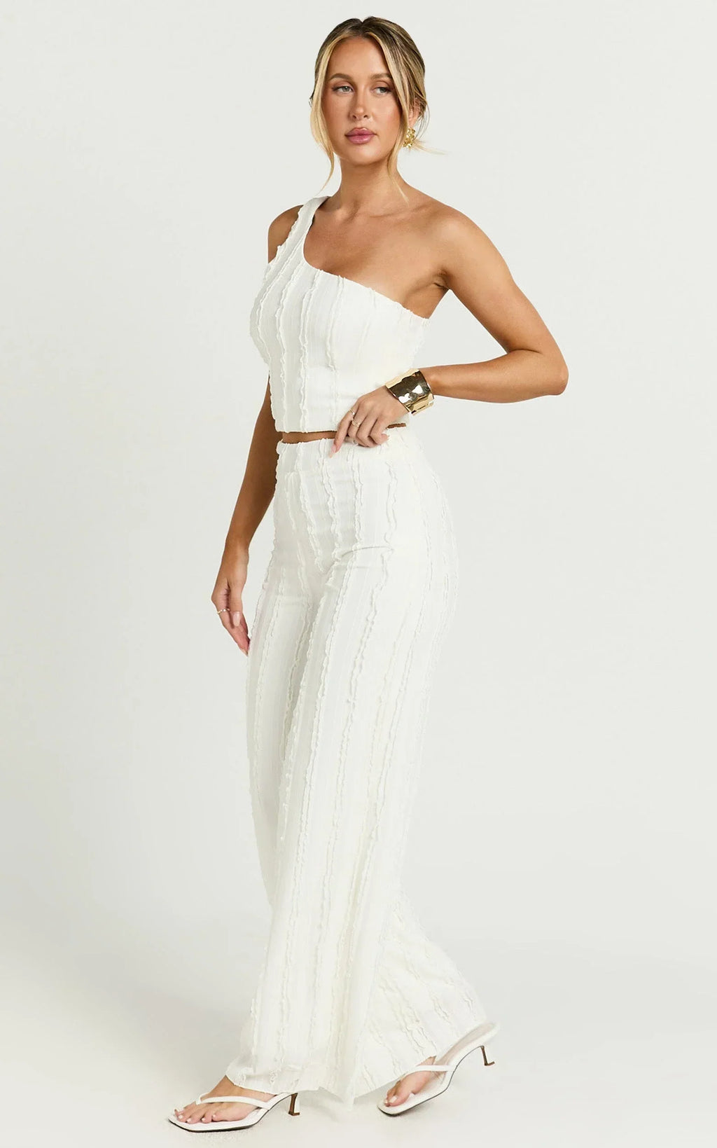 Almarie Pants - Mid Waisted Wide leg Textured Pants in Off White