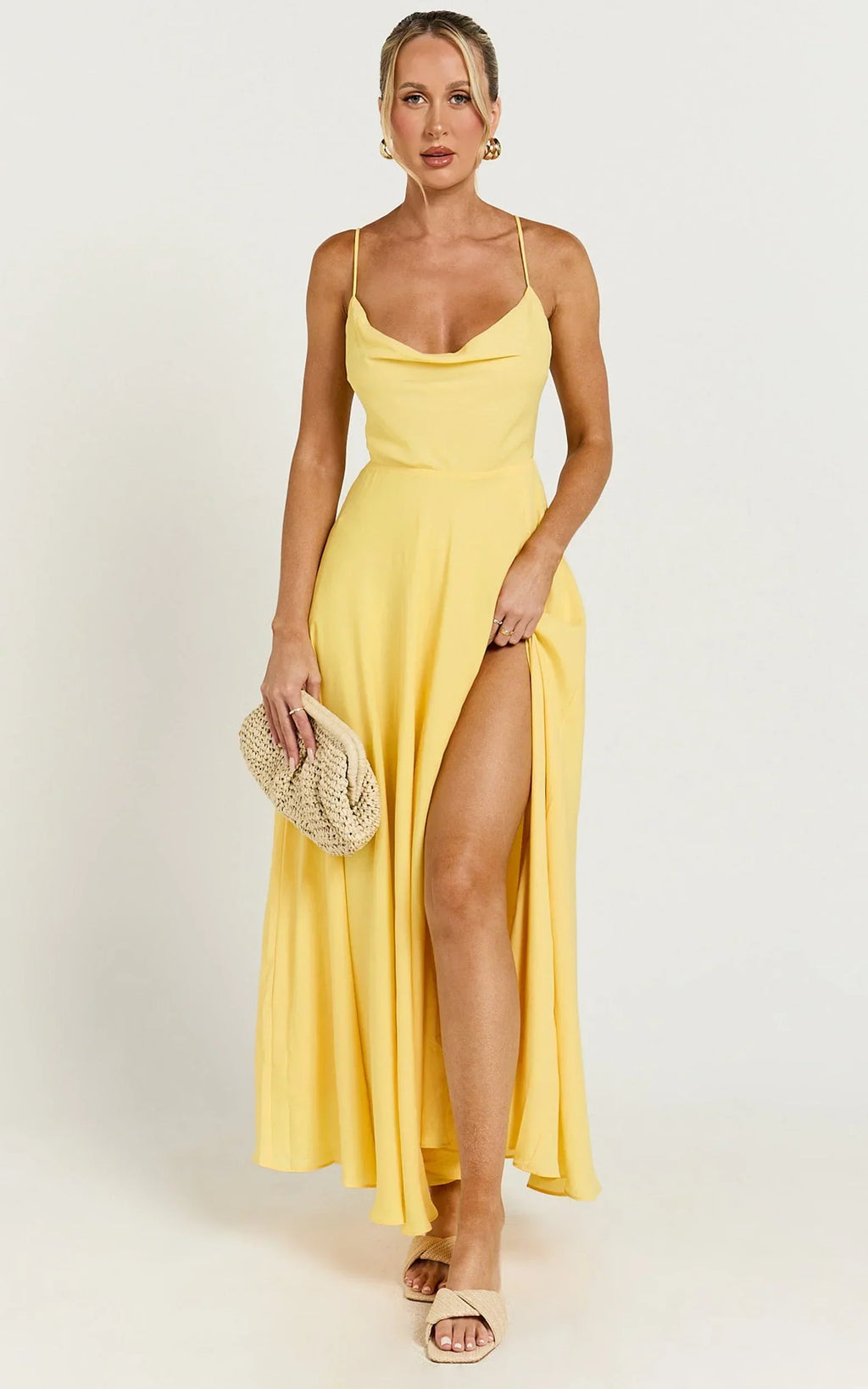 Celestine Midi Dress - Lace Up Back Cowl Neck Dress in Lemon