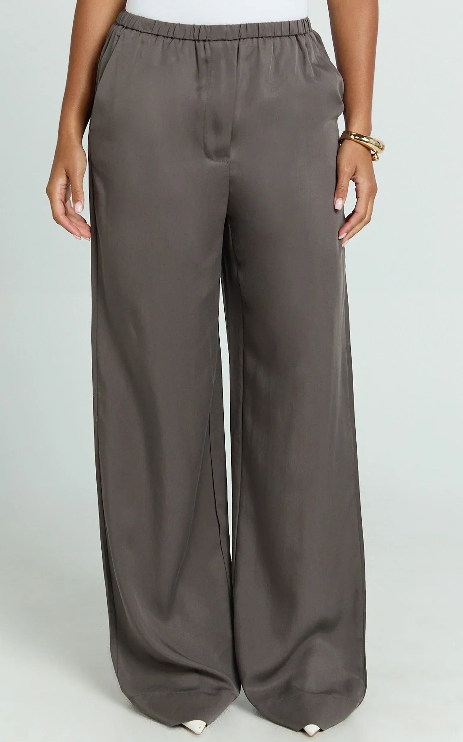 Grace Pants - Low Rise Elasticated Waist Wide Leg Pants in Slate Grey