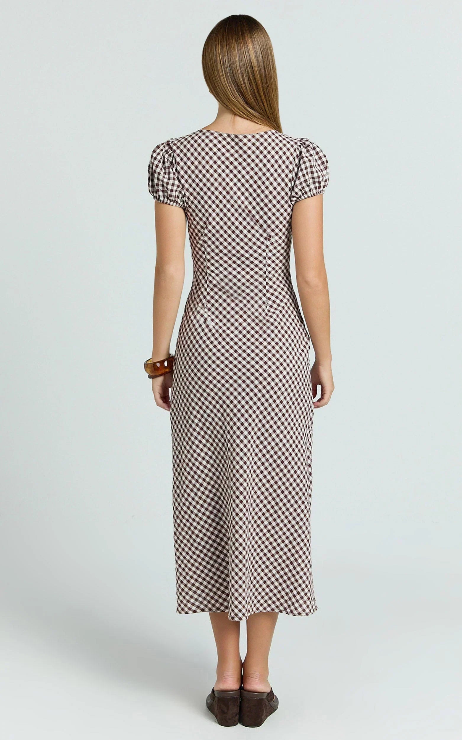 Bernice Midi Dress - Gingham Scoop Neck A Line Dress in Chocolate Gingham