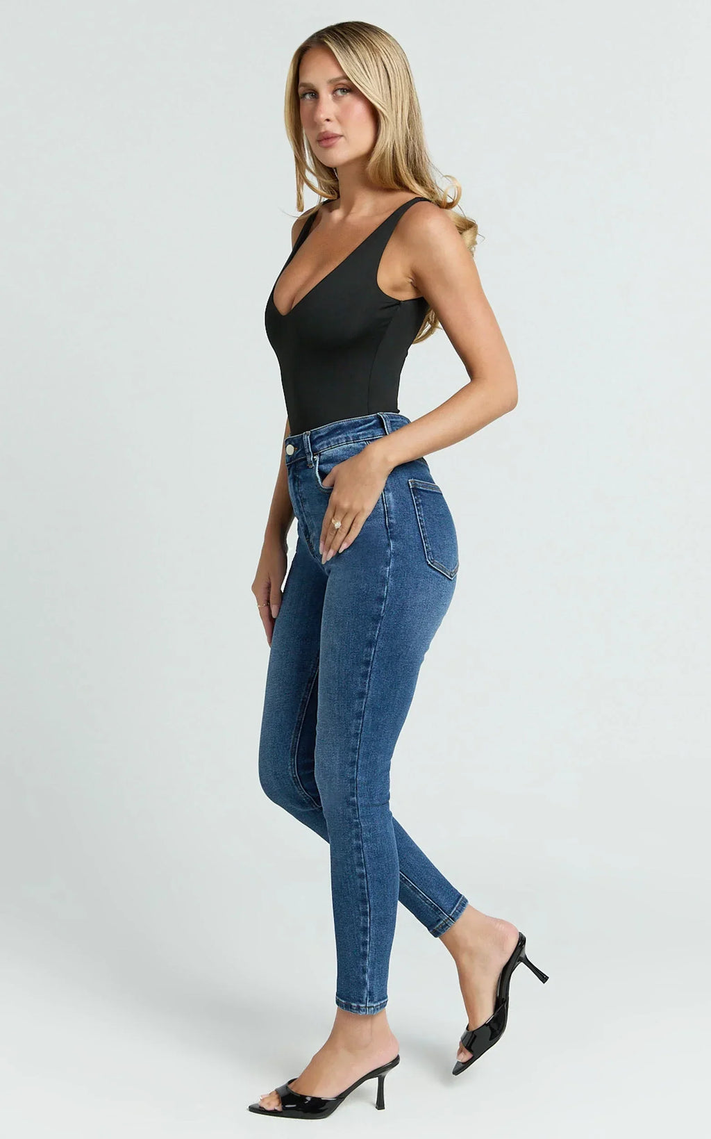 Duffy Jeans - High Waisted Super Stretch Skinny Denim Jeans in Dark Blue Wash