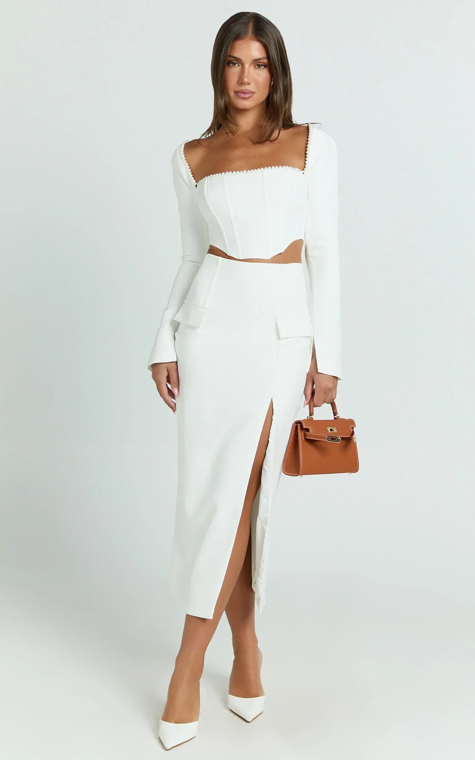 Davie Midi Skirt - High Waist Split Front Skirt in White
