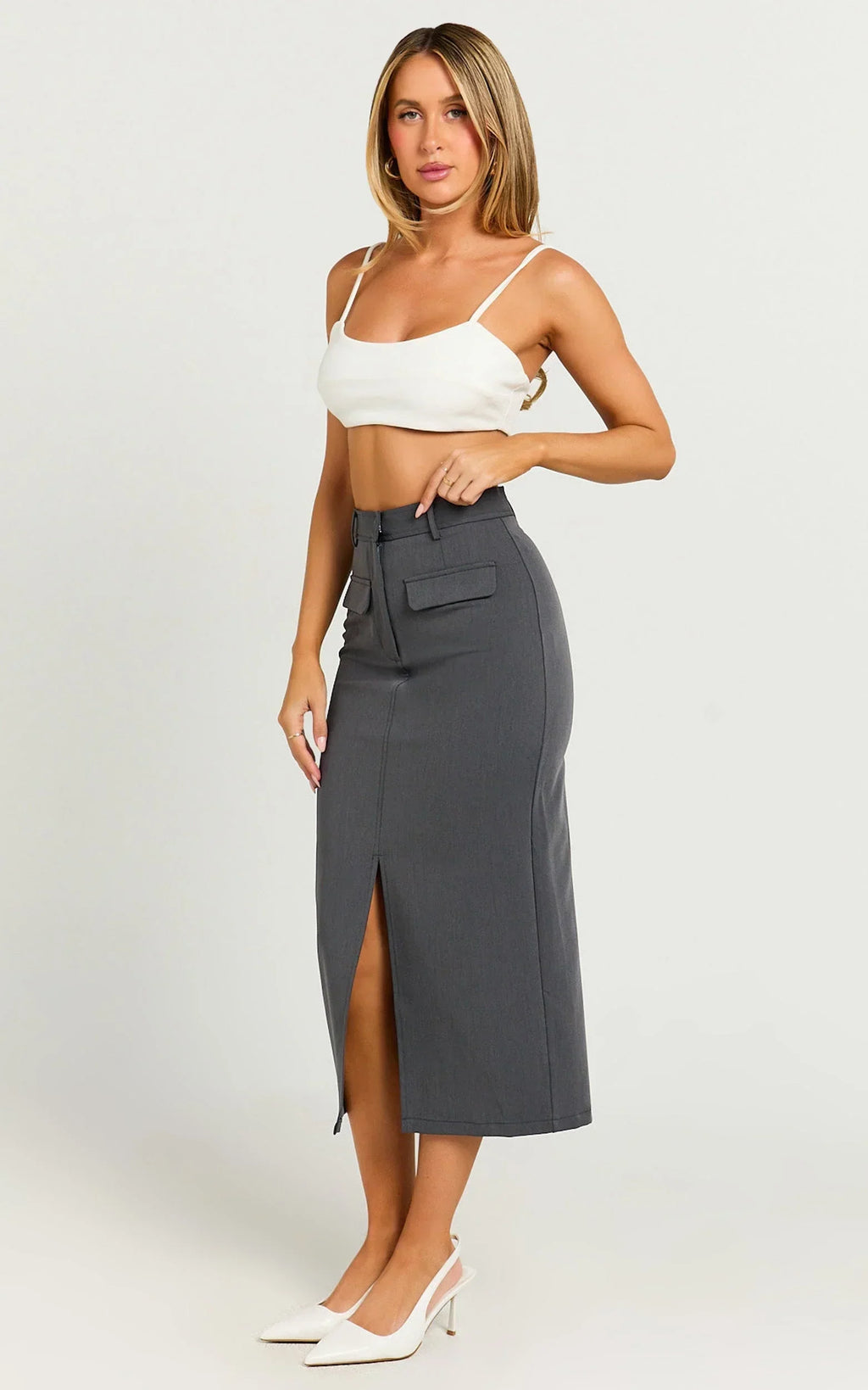 Brylee Midi Skirt - High Waisted Front Split Skirt in Charcoal