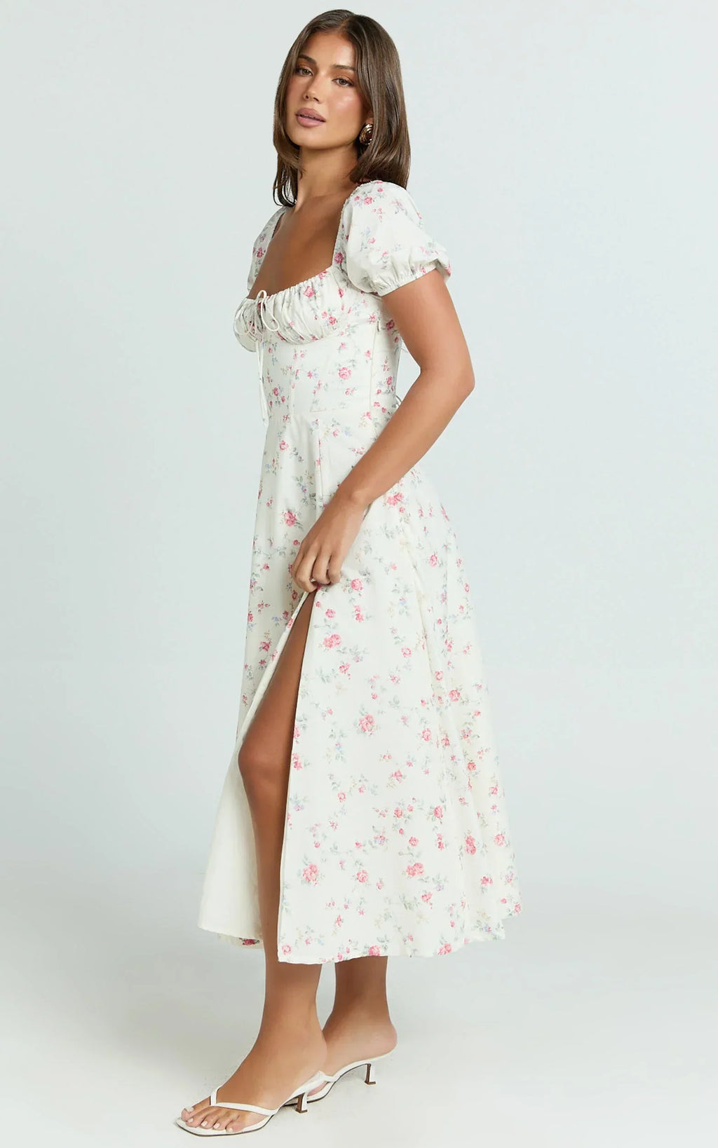 Imani Midi Dress - Puff Sleeve Square Neck Circle Skirt Dress in Cream