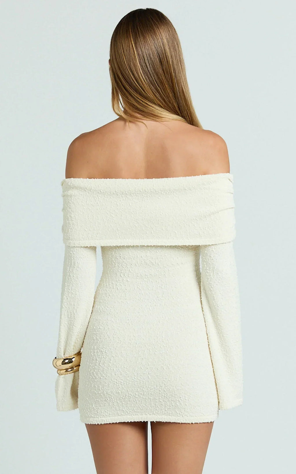 Rhianna Mini Dress - Knitted Off Shoulder Tie Waist Mini Dress in Cream