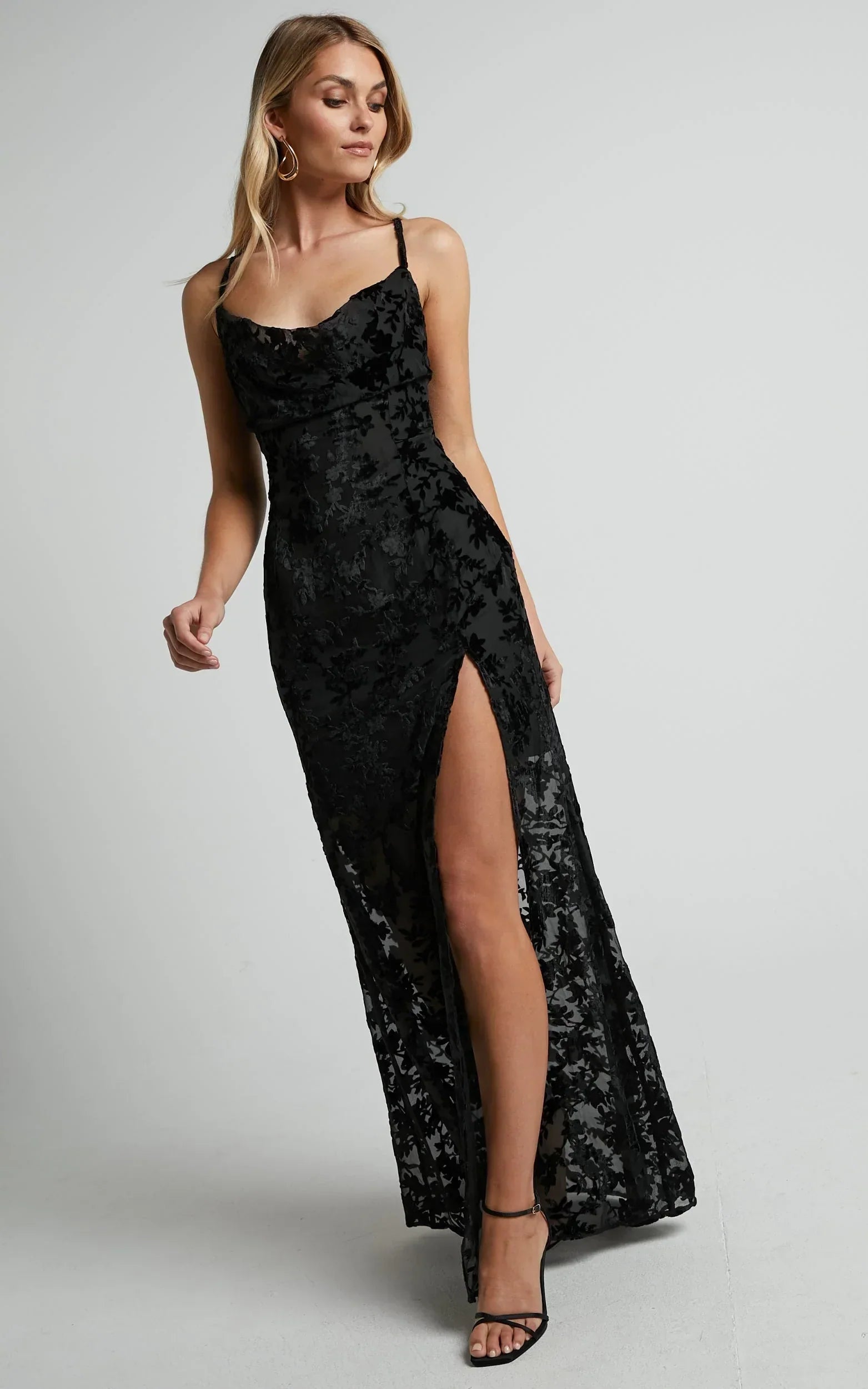 Aletta Maxi Dress - Cowl Cross Back Dress in Ebony Burn Out Floral