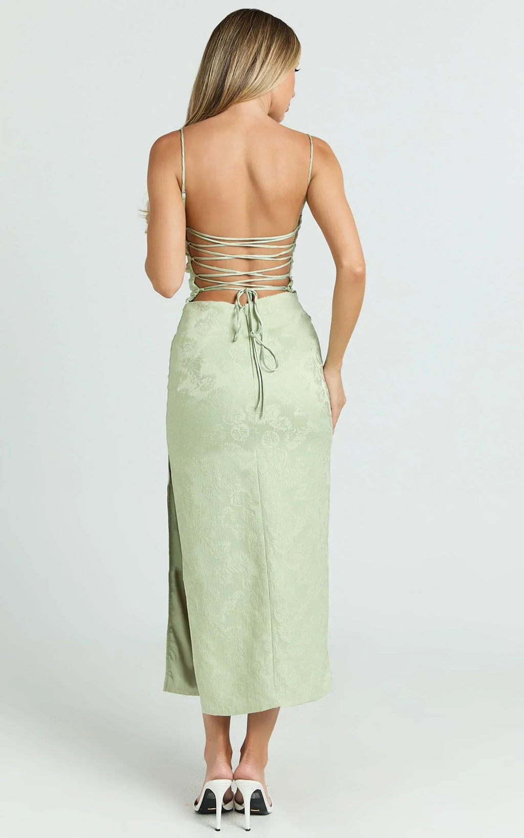 Indiana Midi Dress - Jacquard Square Neck Lace Back Fitted Dress in Green