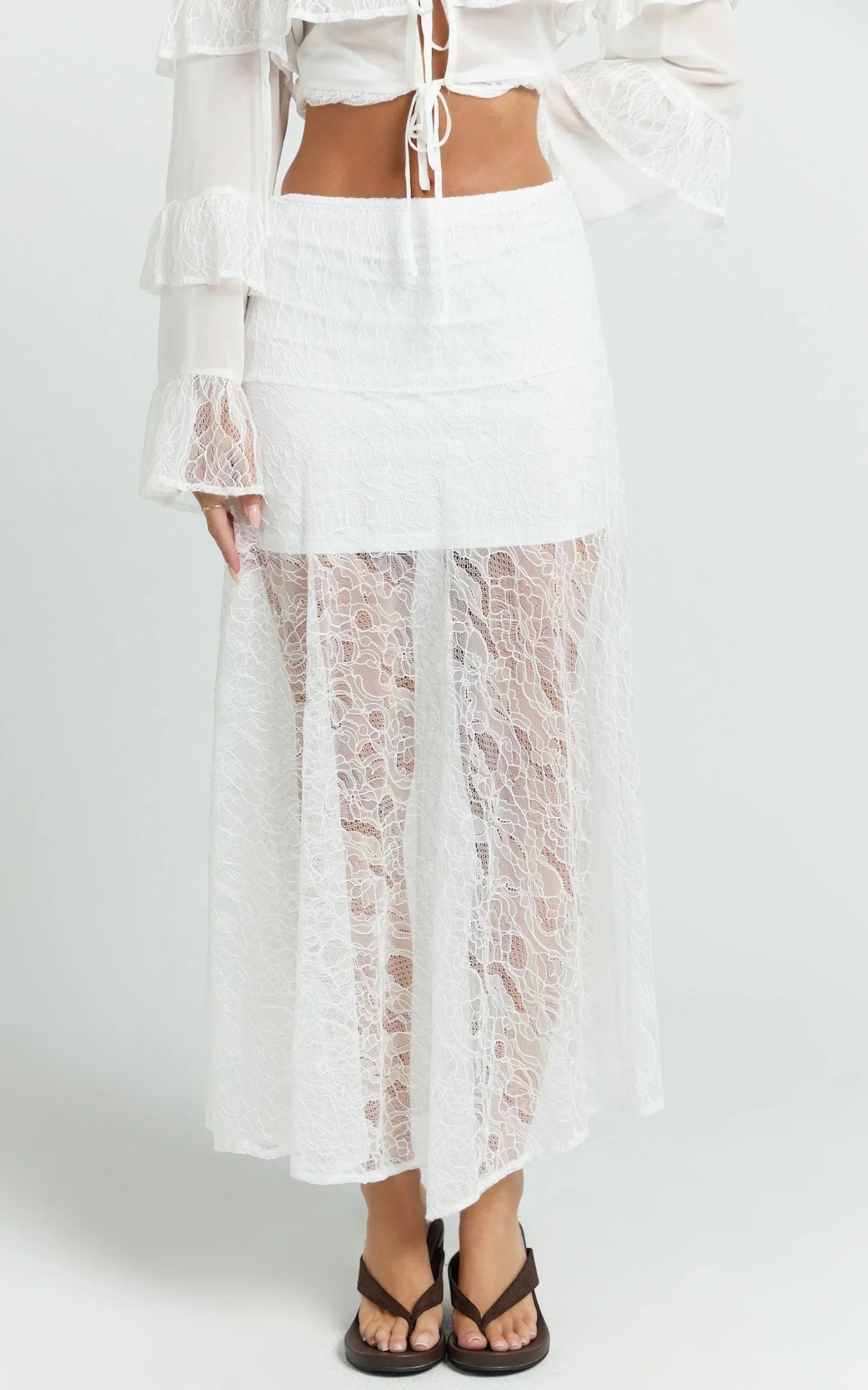 Safiya Maxi Skirt - Mid Waist Lace Skirt With Slip in White