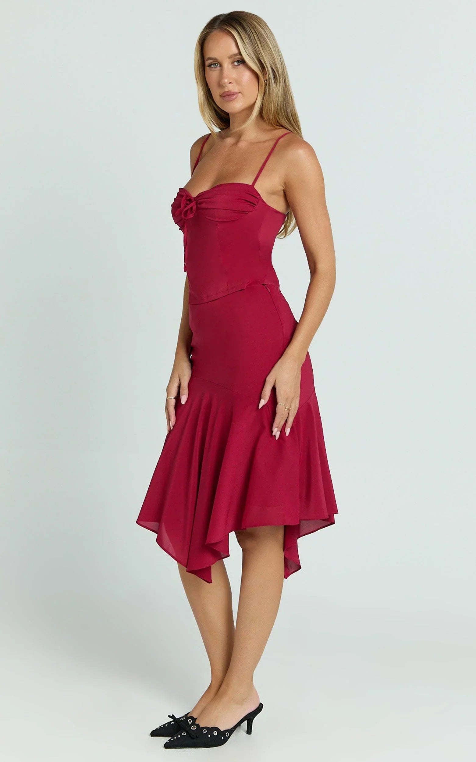 Clare Midi Skirt - Mid Waisted Asymmetric Bias Cut Slip Skirt in Cherry Red