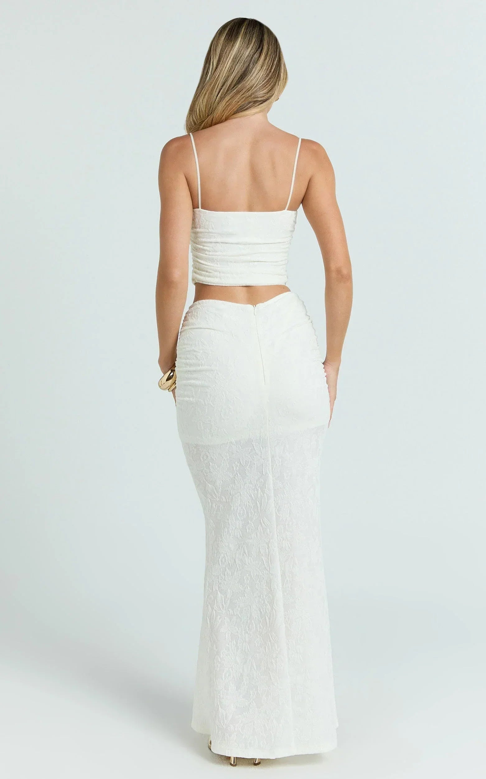 Kayrene Two Piece Top and Skirt Set - Straight Neck Top And Ruched Low Rise Maxi Skirt in Cream