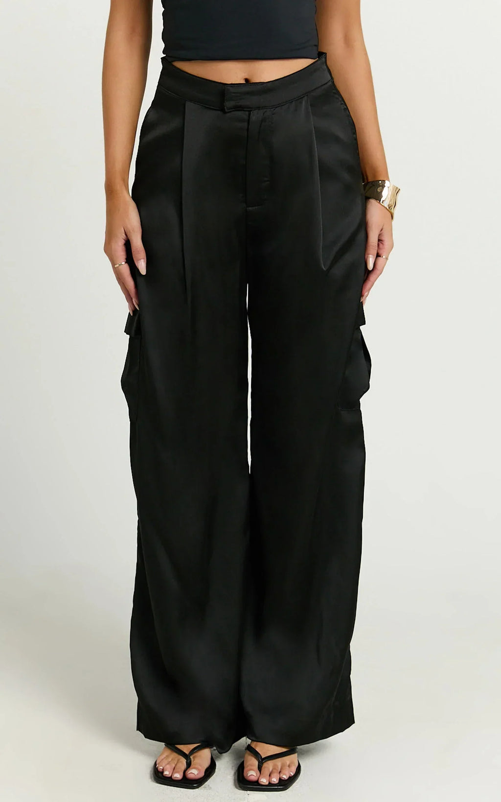 Amie Pants - High Waist Satin Tailored Cargo Pants in Black