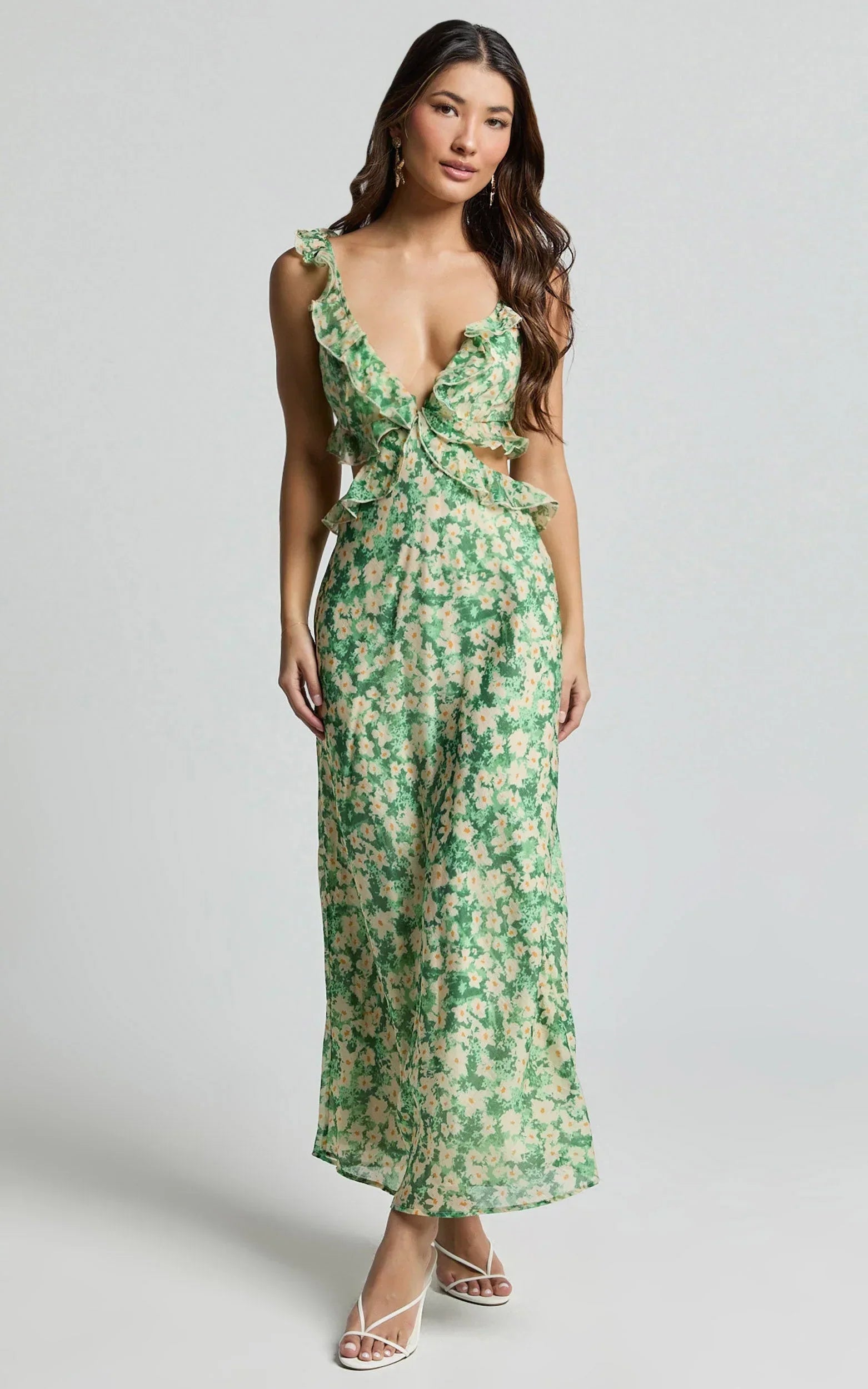 Dahlia Midi Dress - Ruffle Details Slip Dress in Green Floral