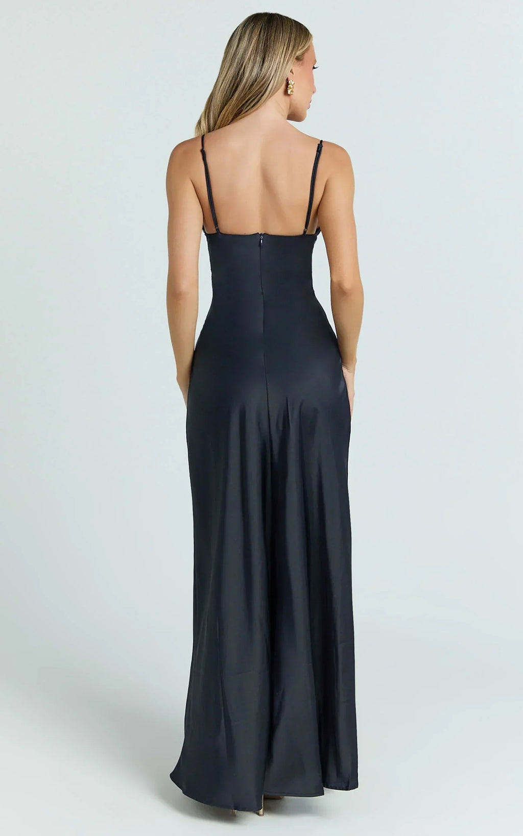 Cariela Midi Dress - Plunge Neck Satin Dress in Navy