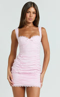 Becker Mini Dress - Strappy Bustier Ruched Bodycon Dress in Pink