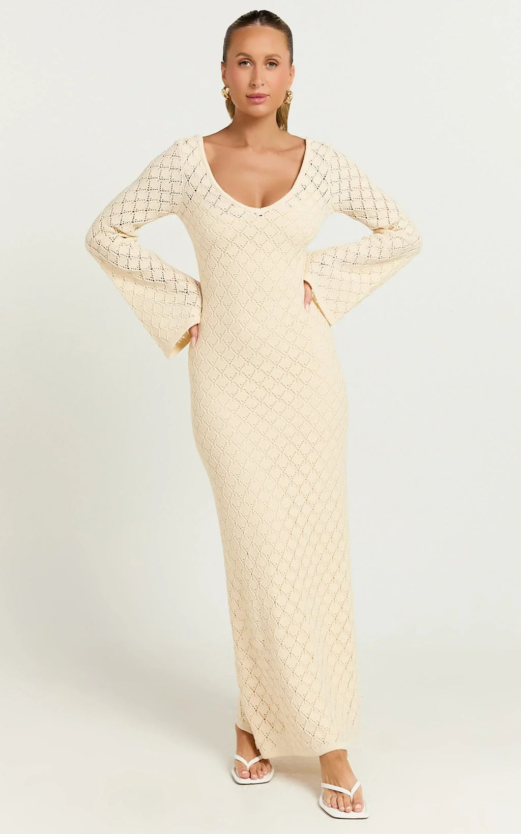 Halsey Maxi Dress - Crochet Scoop Neck Flare Sleeve Dress in Off White