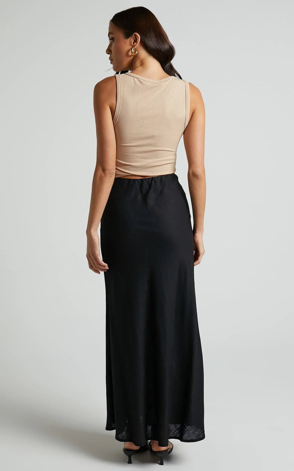 Collins Midi Skirt - Linen Look High Waisted Linen Look Bias Slip Skirt in Black