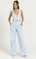 Izara Trousers - Mid Rise Relaxed Straight Leg Tailored Trousers in Light Blue