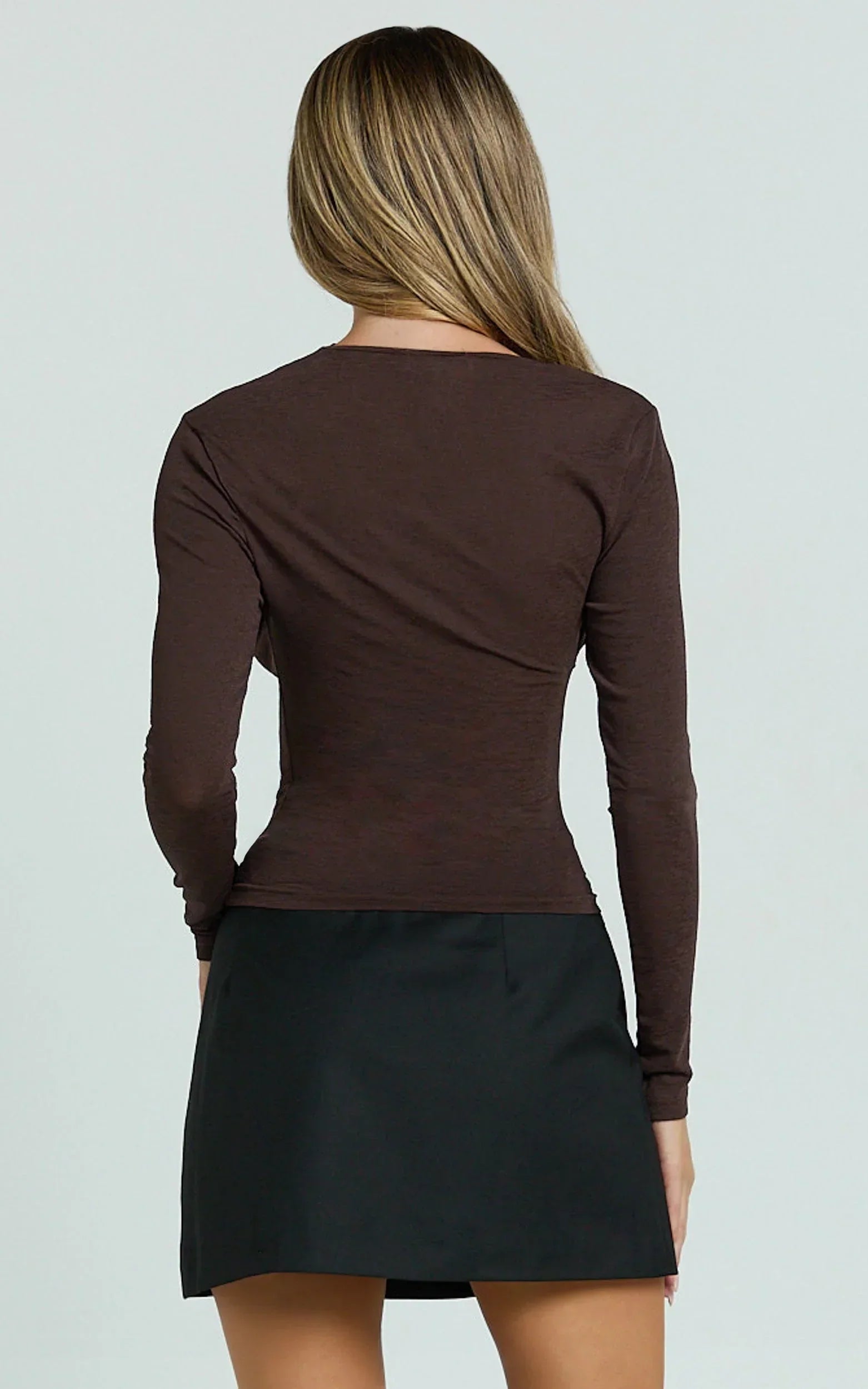 Hillary Top - Asymmetric Ruched Side Jersey Top in Chocolate Brown