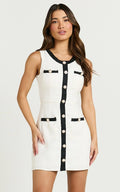 River Mini Dress - Boucle Button Through A Line Dress with Hardware Detail in White