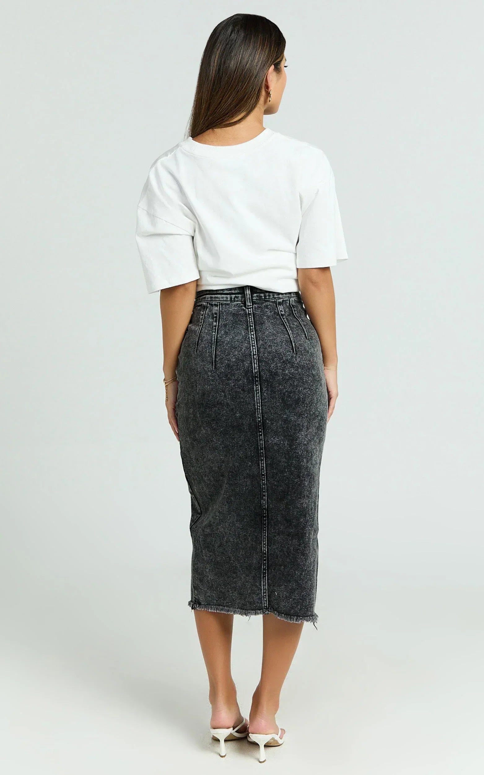 Janeve Midi Skirt - Front Split Denim Skirt in Black Acid Wash