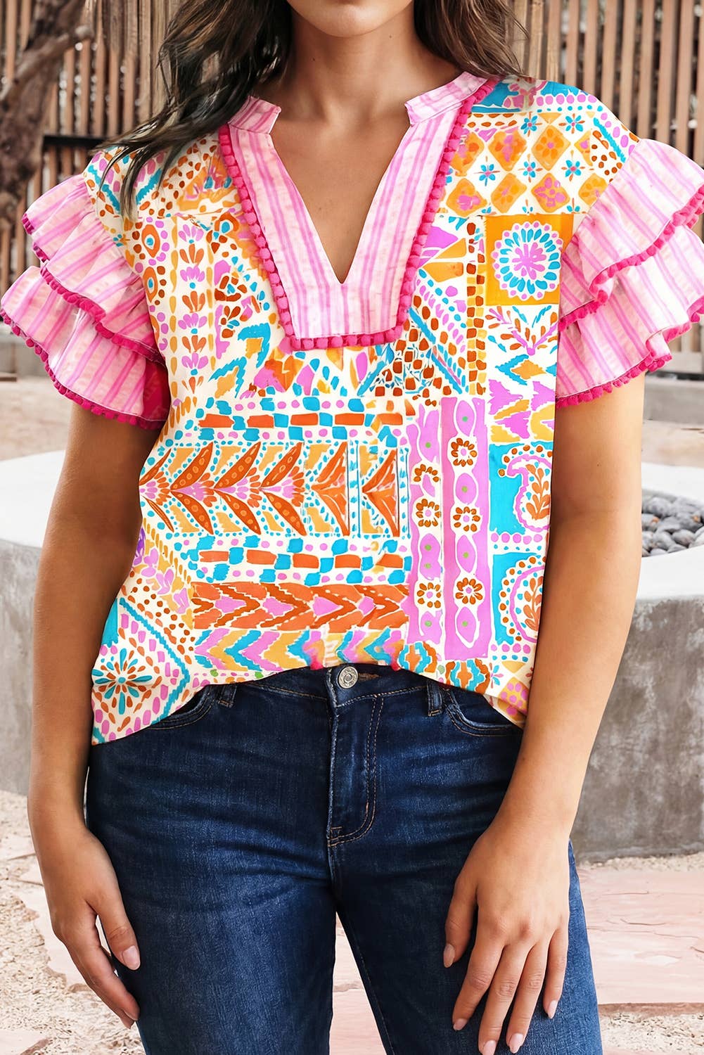 Boho Mixed Print Contrast Trim Blouse