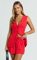 Olivia Shorts - Drawstring Relaxed Linen Shorts in Red