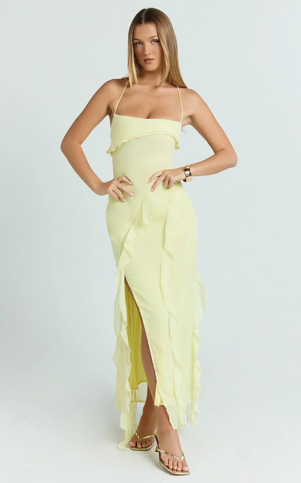 Connie Midi Dress - Ruffle Detail Dress in Lemon