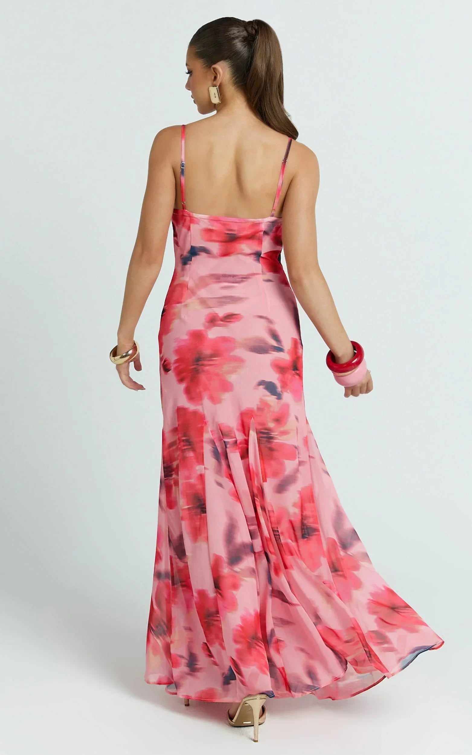 Claudia Maxi Dress - Floral Cowl Neck Godet Dress in Pink Floral