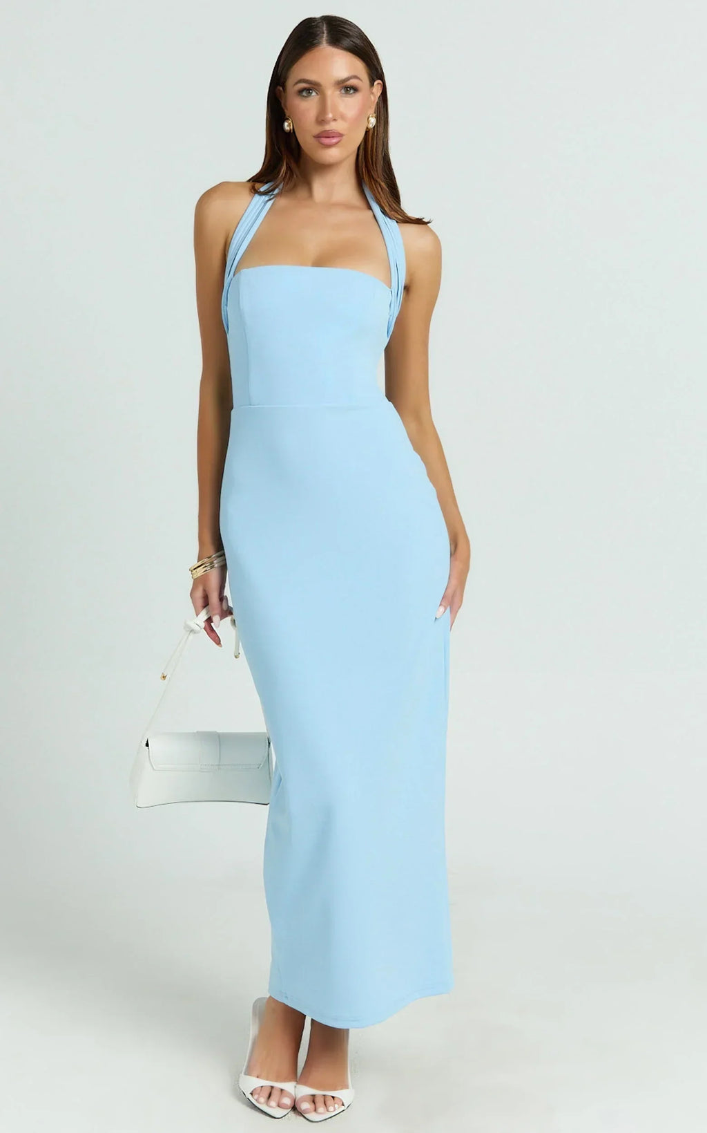 Salome Midi Dress - Halter Neck Column Dress in Blue