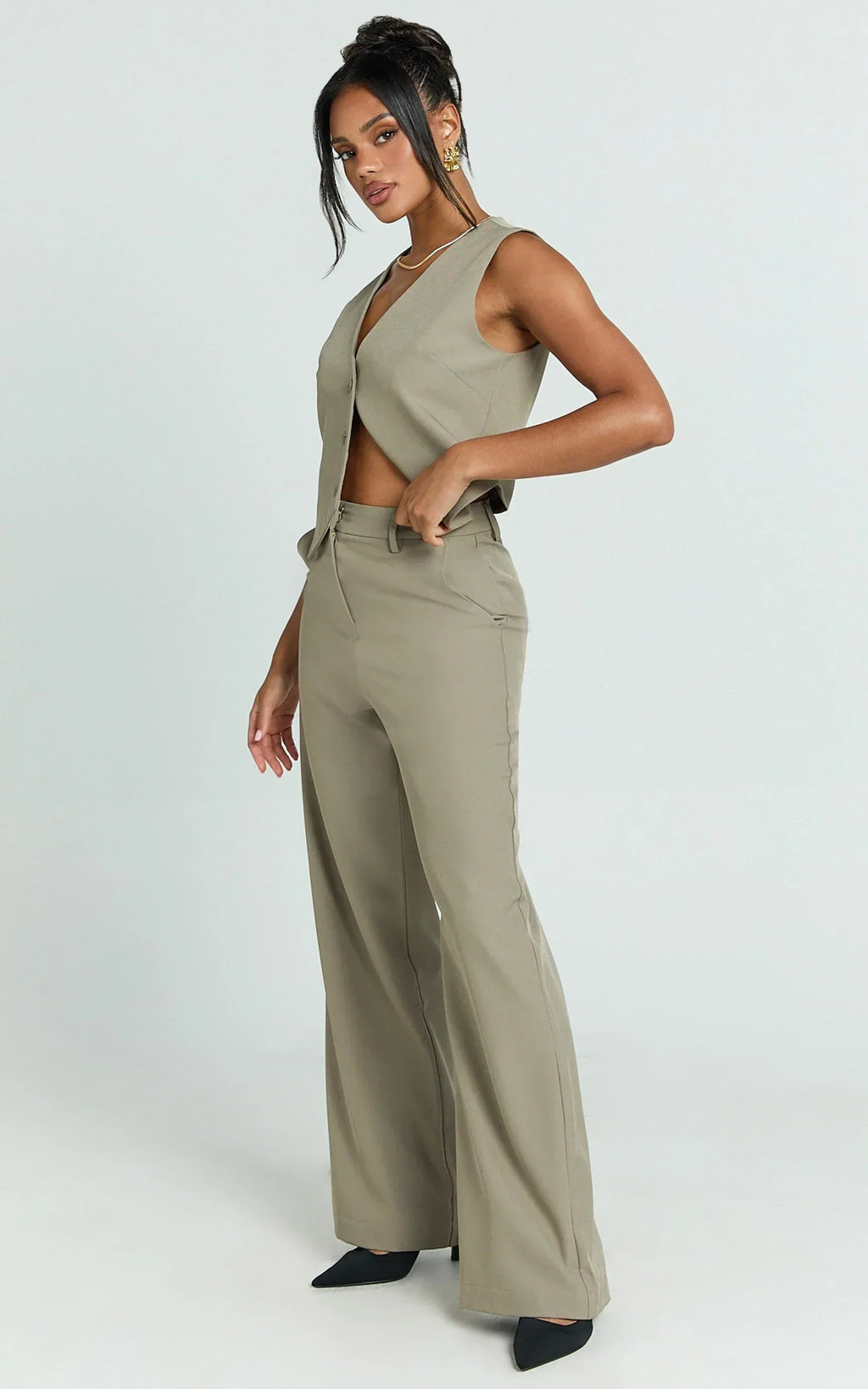 Melinda Pants - Recycled Tailored High Waist Wide Leg Pants in Light Olive