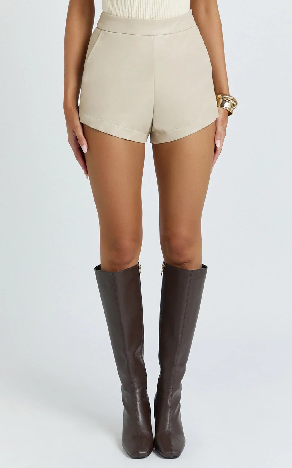 Rosetta Shorts - PU Fitted Micro Shorts in Putty