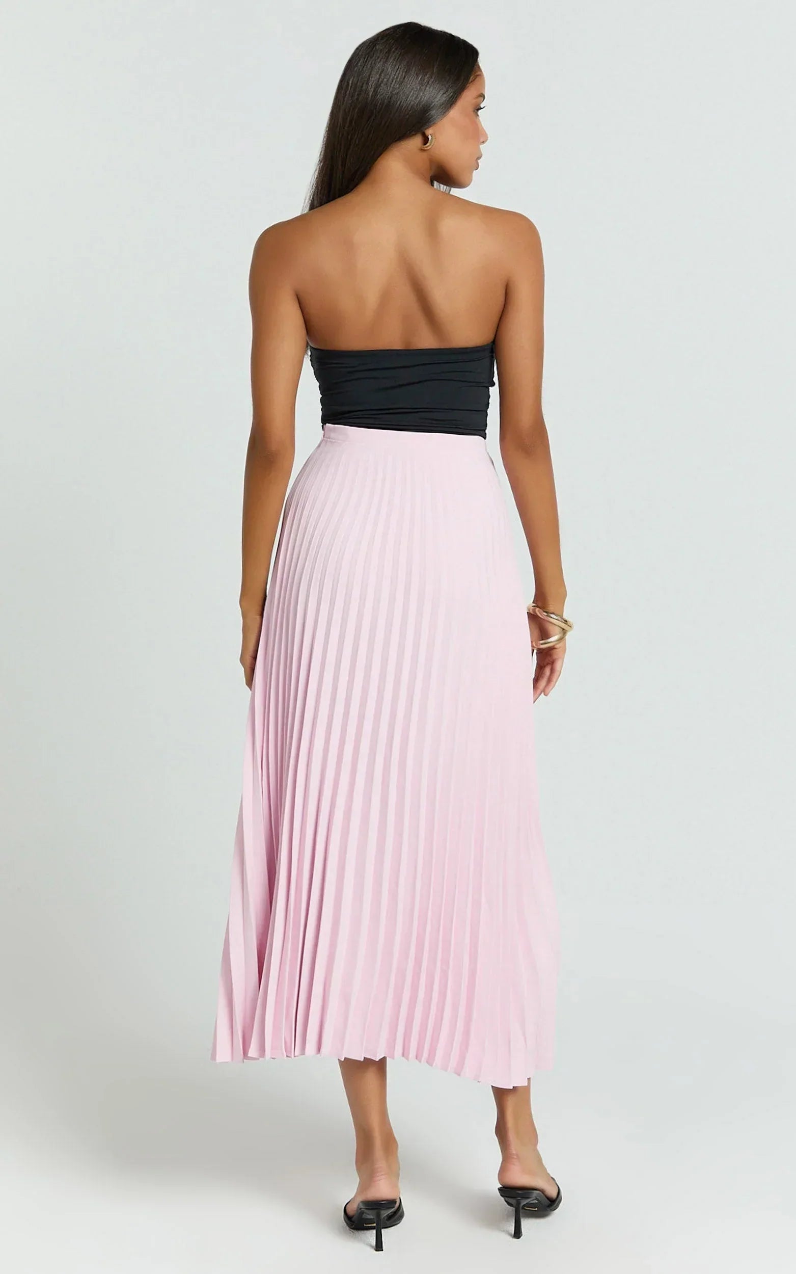 Harlee Midi Skirt - Pleated High Waist A Line Skirt in Baby Pink