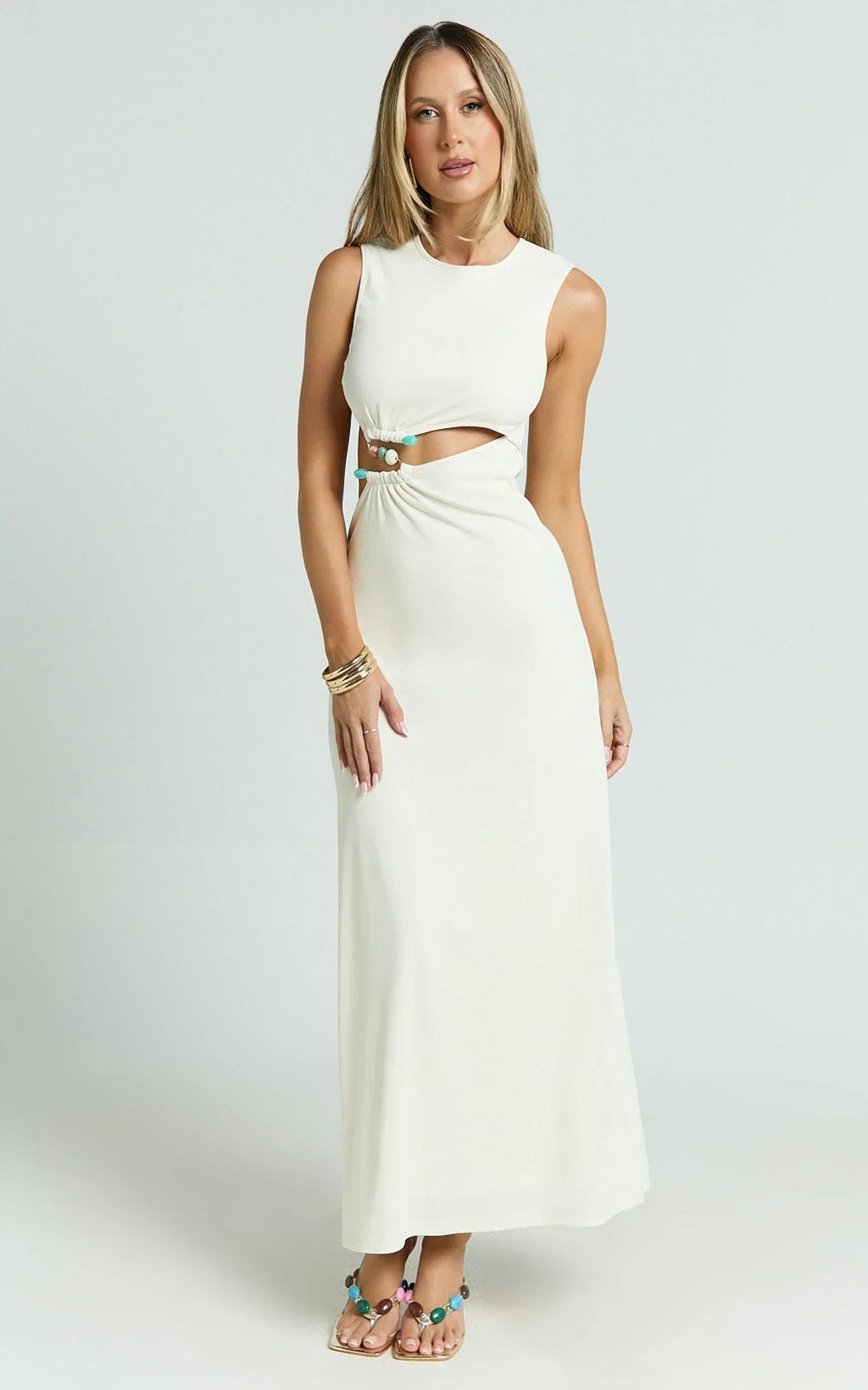 Amy Maxi Dress - High Neck Cut Dress with Hardware Detail in Cream