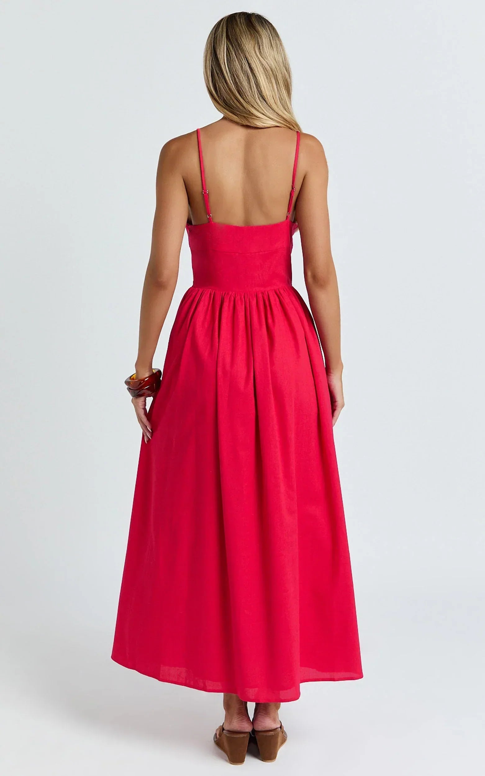 Morris Midi Dress - Linen Scoop Neck Gathered Dress in Red