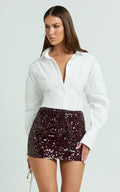 Lindy Mini Skirt - Low Rise Sequin Skirt in Wine