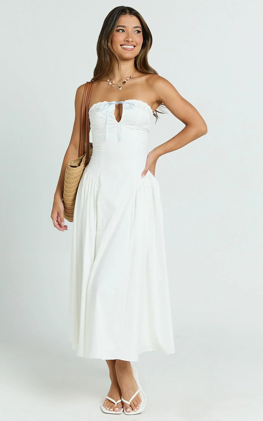 Bambi Midi Dress - Embroidered Strapless Lace Up Fit And Flare Dress in White