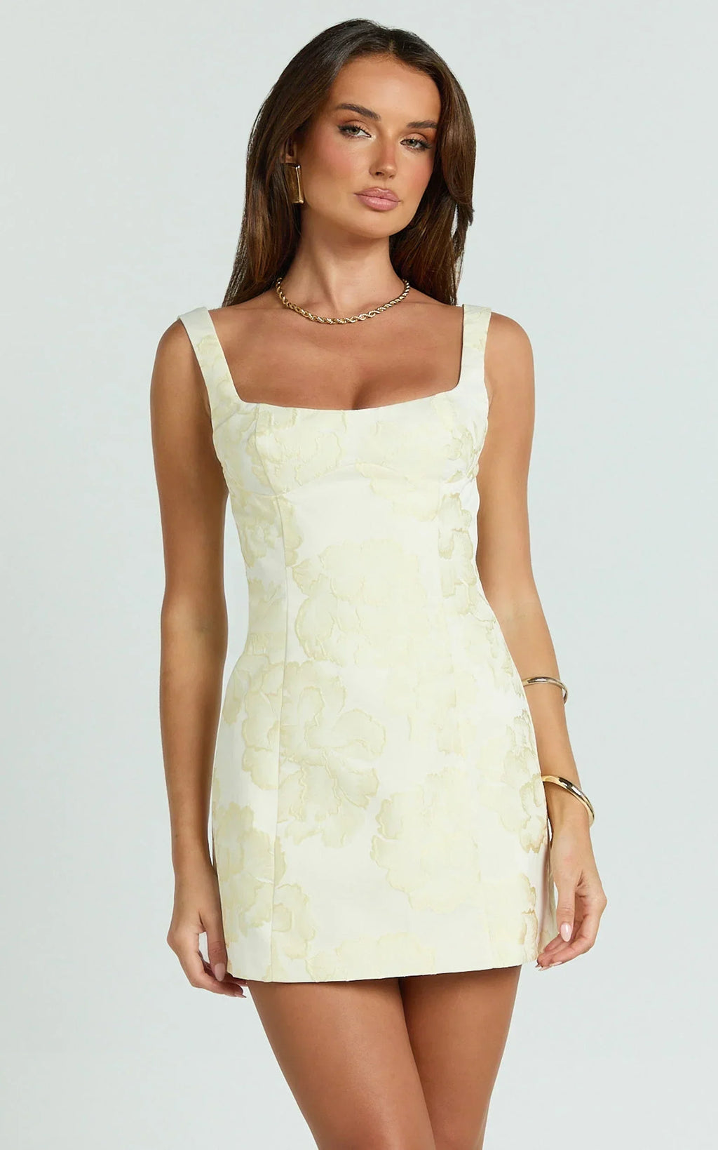Orla Mini Dress - Jacquard Scoop Neck Fitted Dress in Lemon