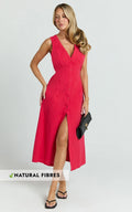 Juliet Midi Dress - Button Through V Neck Dress in Red