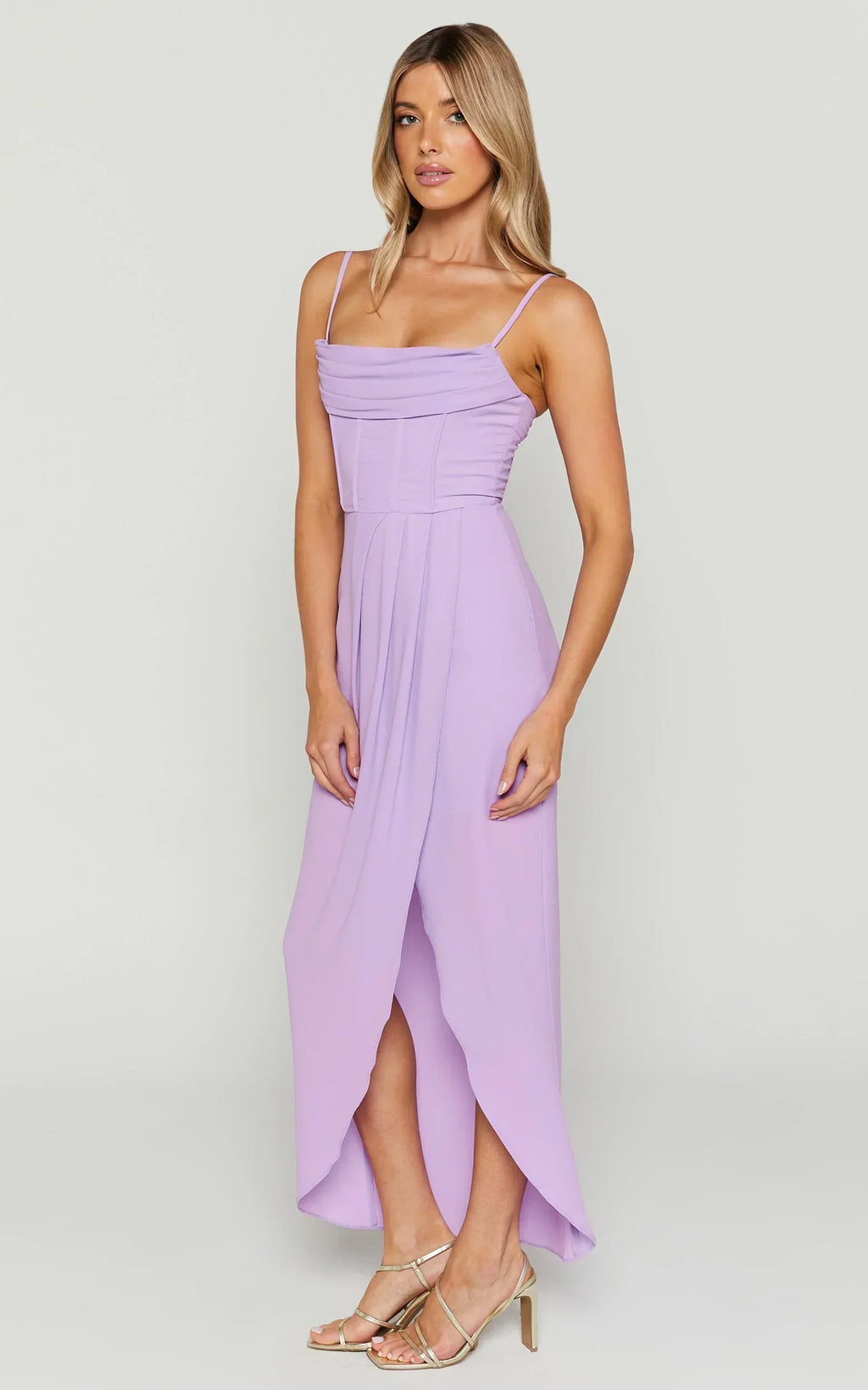 Andrina Midi Dress - High Low Wrap Corset Dress in Lilac