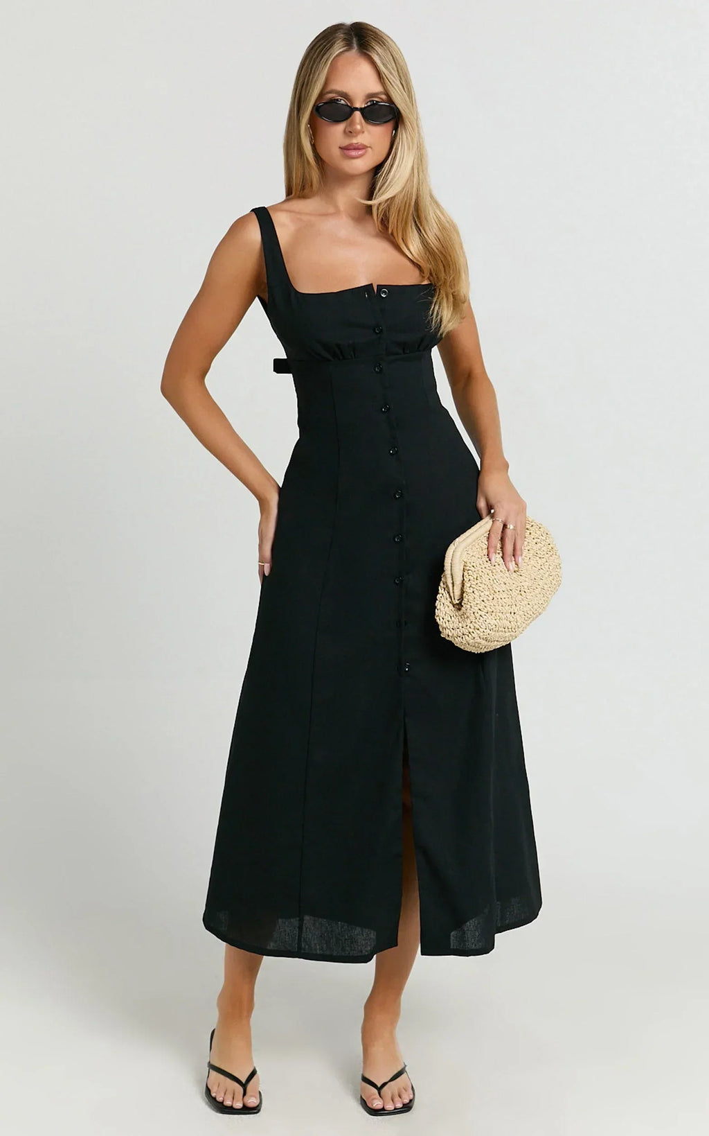 Cameron Midi Dress - Button Front Tie Back Dress in Black