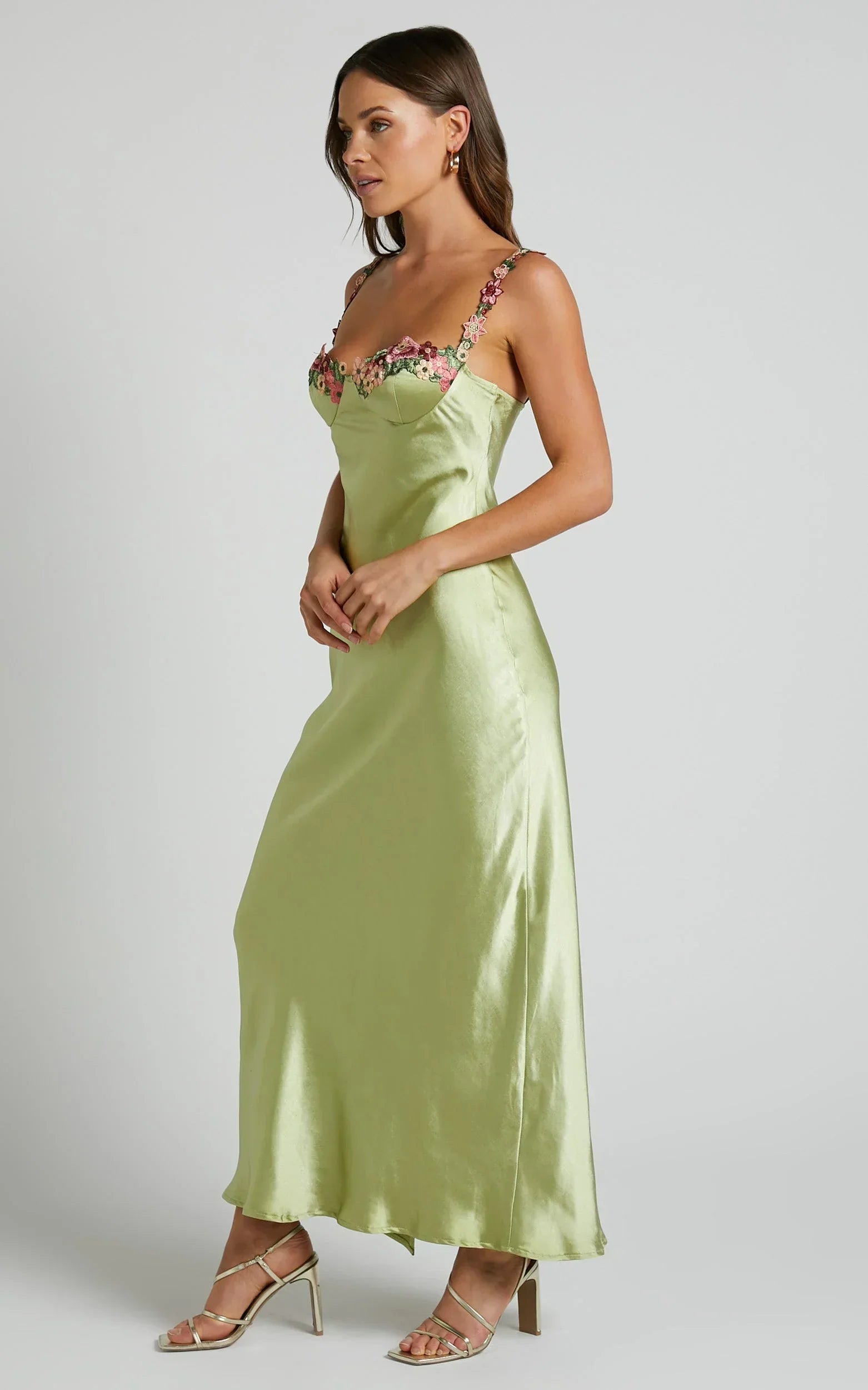 Harmony Midi Dress - Floral Detail Cup Bust Satin Dress in Citrus