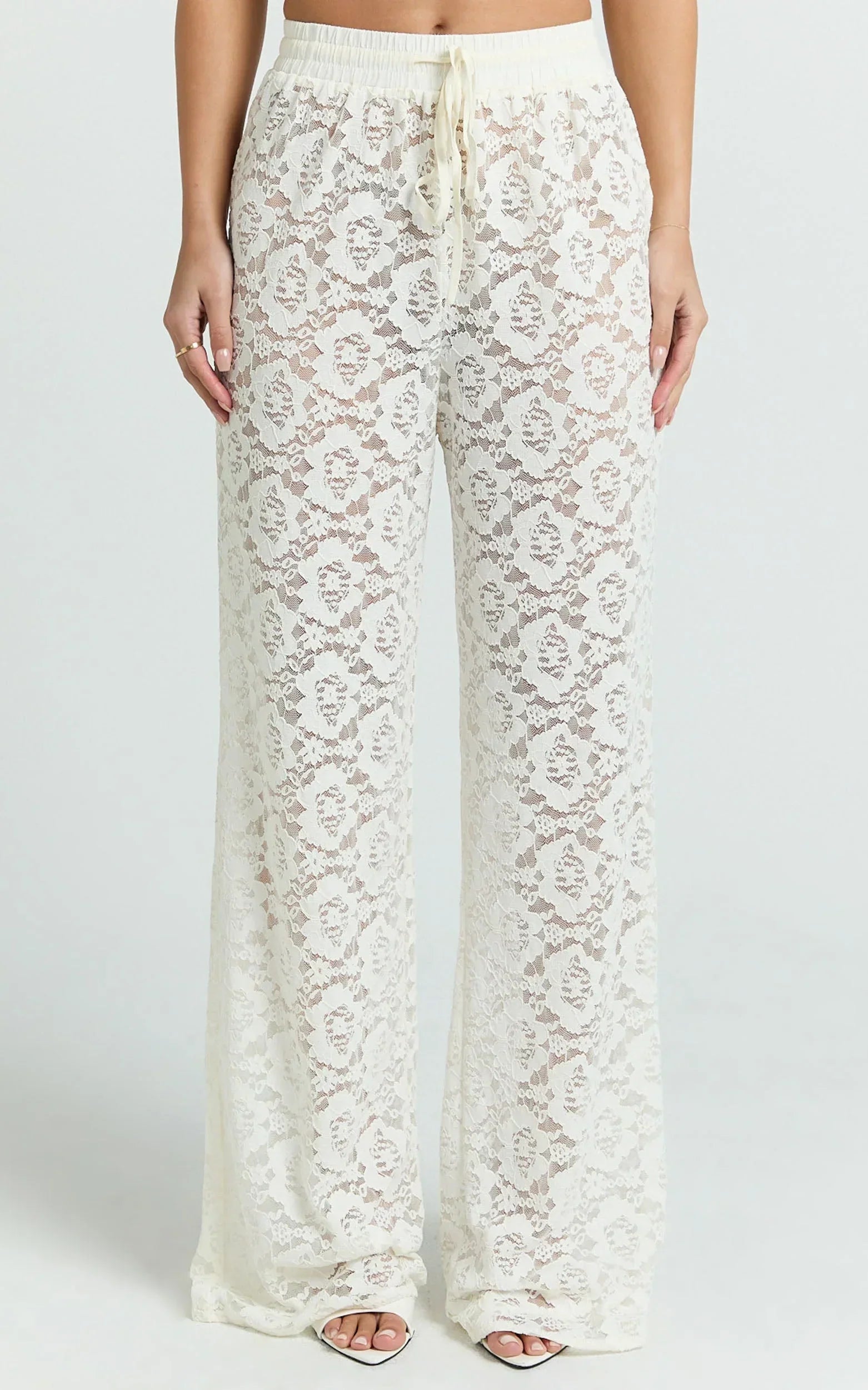 Roxy Pants - High Waist Lace Relaxed Drawstring Pants in Off White