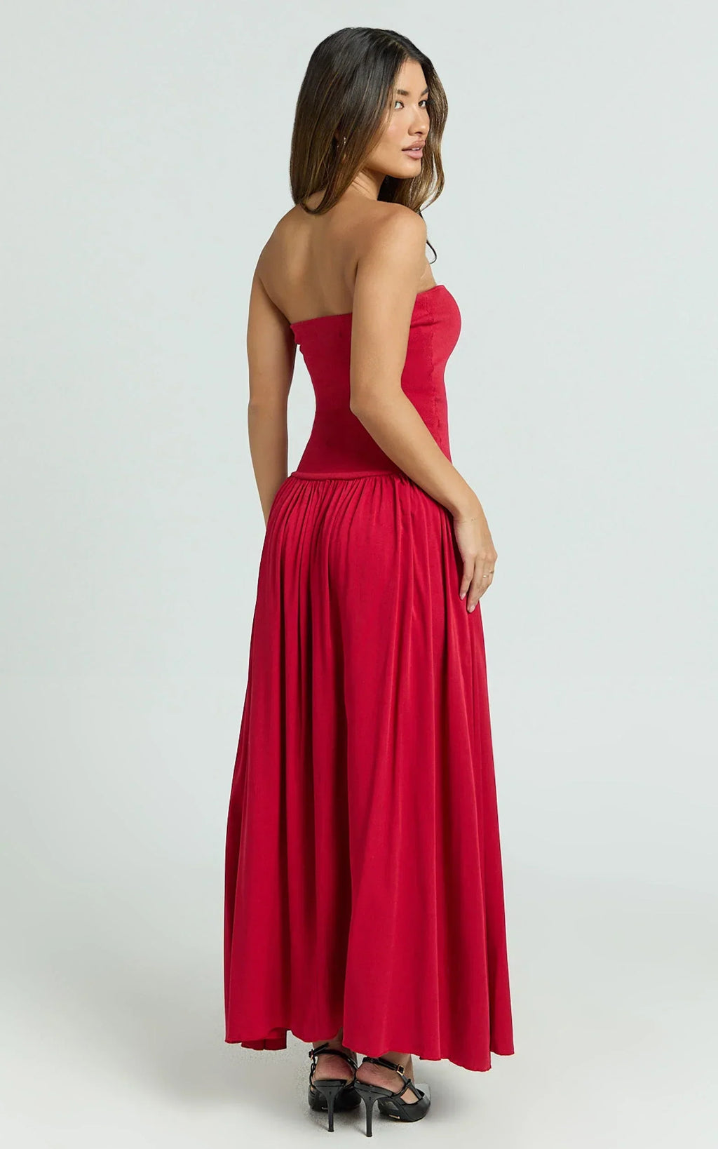 Harlee Maxi Dress - Strapless Drop Waist Knit Bodice Full Gathered Skirt Dress in Red